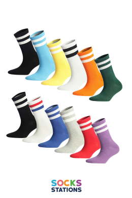 12'li Renkli Desenli Çift Çizgi Spor Çorap Kutusu - Renkli Pamuk Çoraplar
