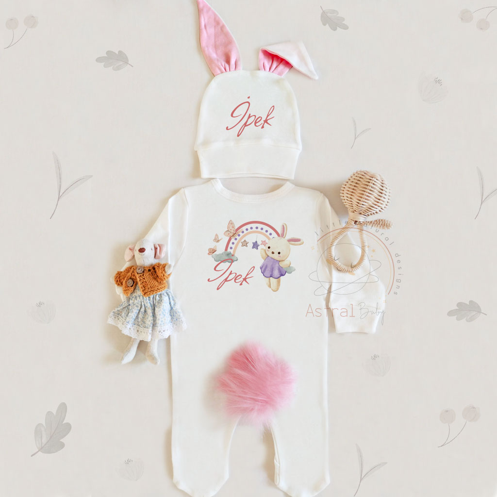 Pembe Gökkuşağı ve Tavşan Desenli Tavşan Model İsimli 3'lü Tulum Set - Astral Baby
