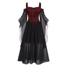 Plus Size Gothic Dress Contrast Colorblock Lace Up Butterfly Sleeve Mesh Overlay A Line Midi Dress