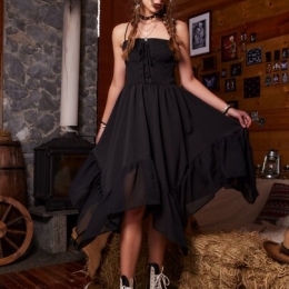 ROMWE Goth Solid Lace Up Shirred Cami Dress