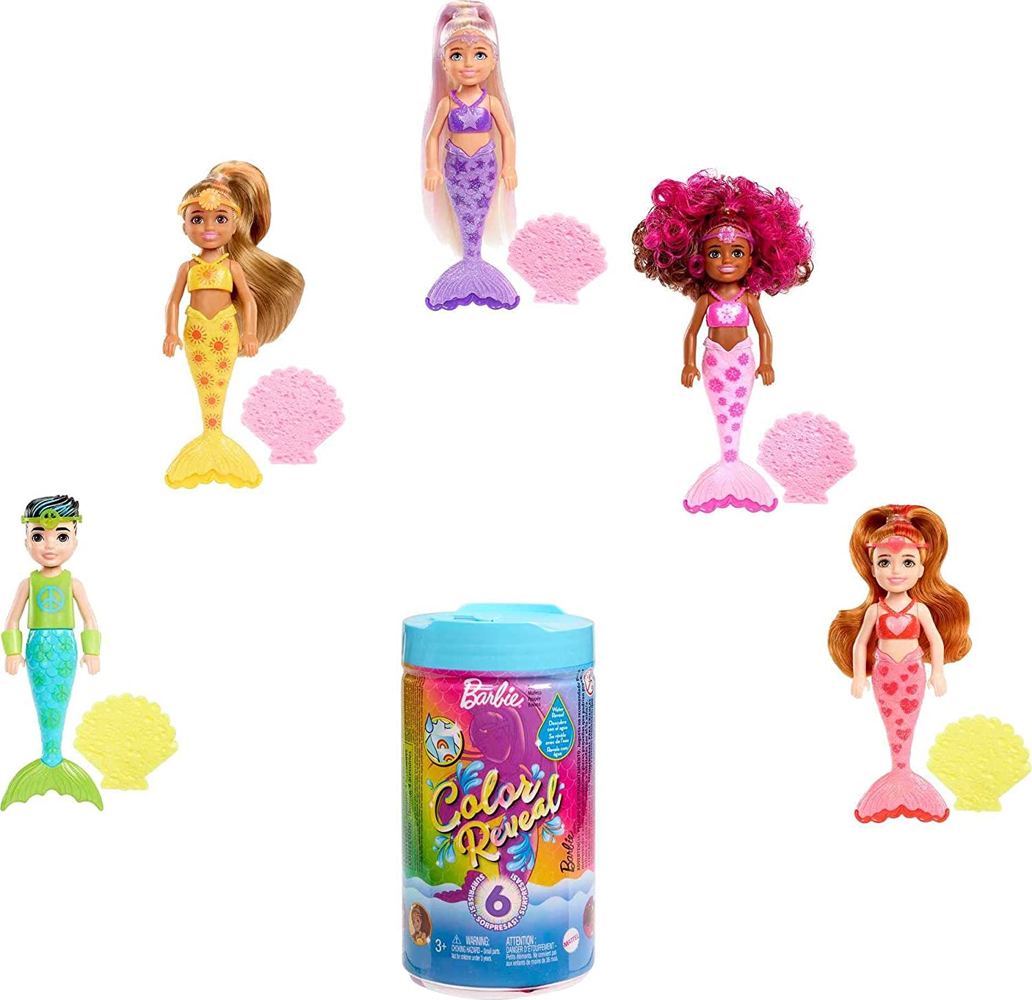 Barbie Color Reveal - Renk Değiştiren Sürpriz Chelsea Gökkuşağı Deniz Kızı Bebekler, 3 Yaş ve Üzeri HDN75 : Oyuncak