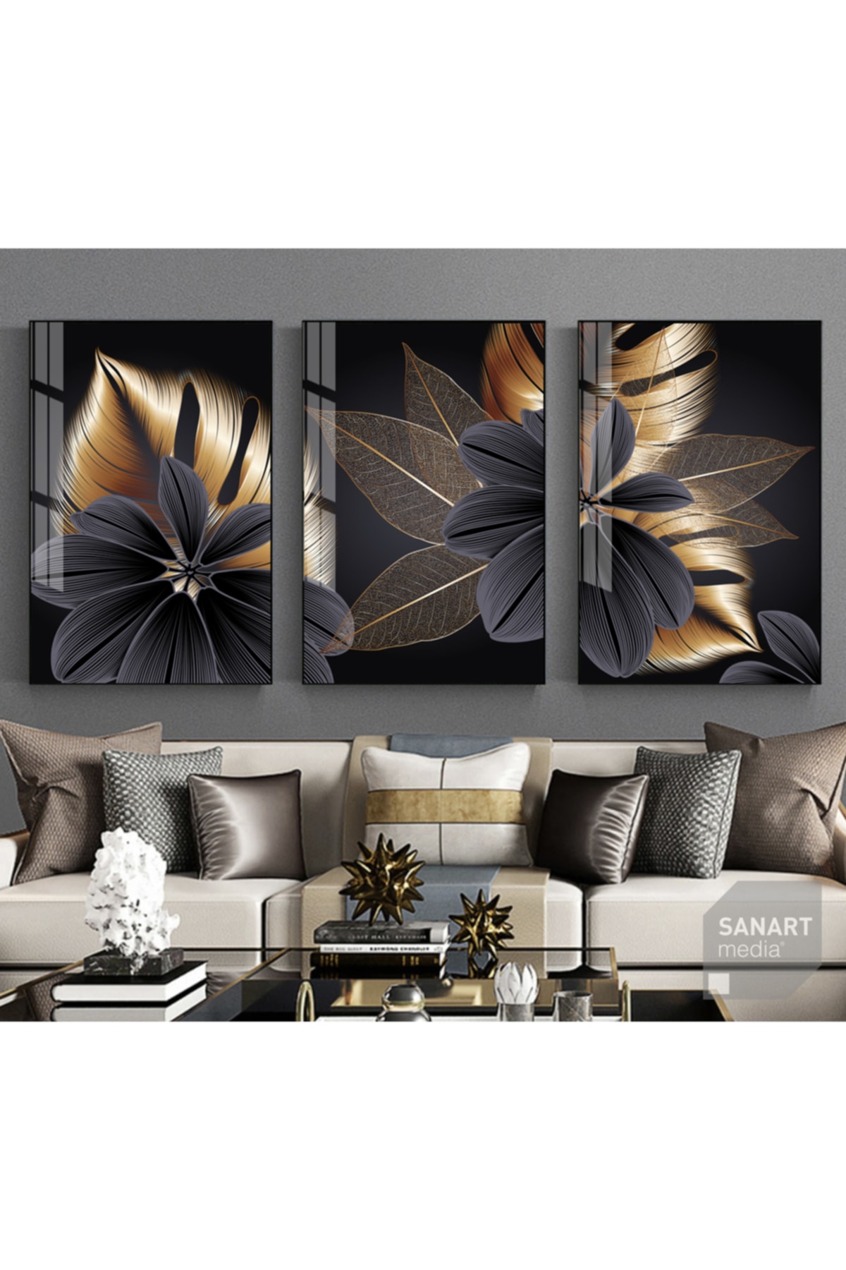 Ceppix 3lü Soyut Altın Yaprak Çiçekli Çerçeveli Camlı Tablo Seti Siyah Poster Duvar Salon Oturma Odası Gri -