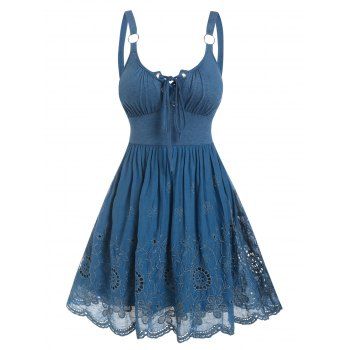 Hollow Out Flower Embroidery Mini Dress O Ring Straps Lace-up A Line Dress Sleeveless Summer Dress