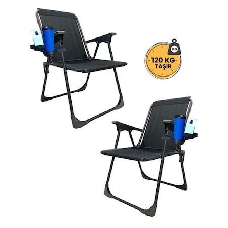 Kamp Seti 2 Adet Katlanır Kamp-Piknik-Plaj Sandalyesi Bardaklıklı Siyah