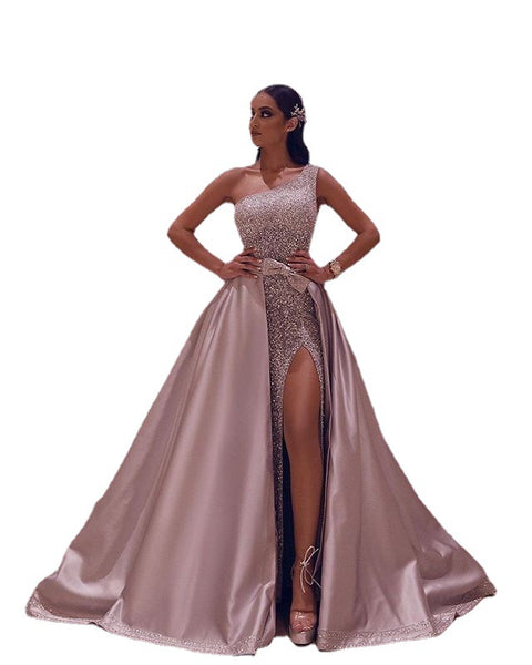 Asymmetrical Off the Shoulder Gown with Dramatic Skirt
