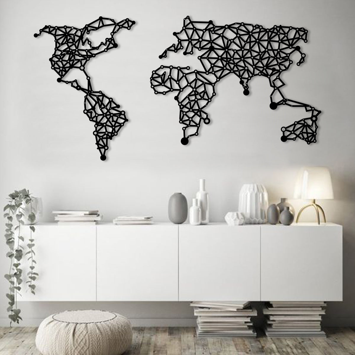 World map line - Dünya Haritası Temalı Dekoratif Metal Duvar Tablo