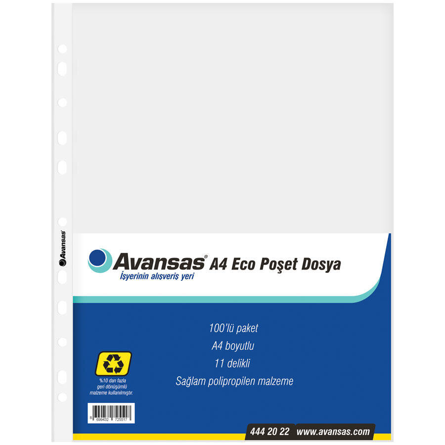Avansas Eco A4 Delikli Şeffaf Poşet Dosya 100'lü Paket