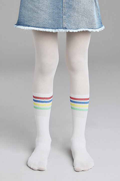 Beyaz Kız Çocuk Renkli Şeritli Külotlu Çorap PCDP654G20IY-10 - Beyaz