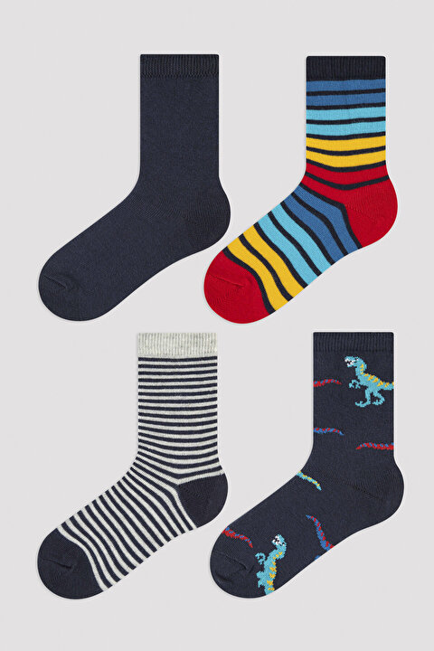 Erkek Çocuk Çizgili Dinozor Desenli 4lü Soket Çorap PH0908WK23IY-MIX - Çok Renkli