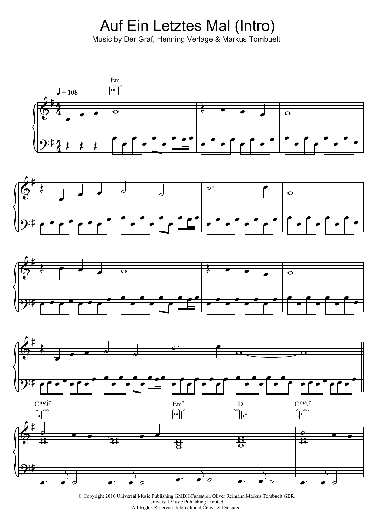 Unheilig Auf Ein Letztes Mal (Intro) Sheet Music, Notes  Chords