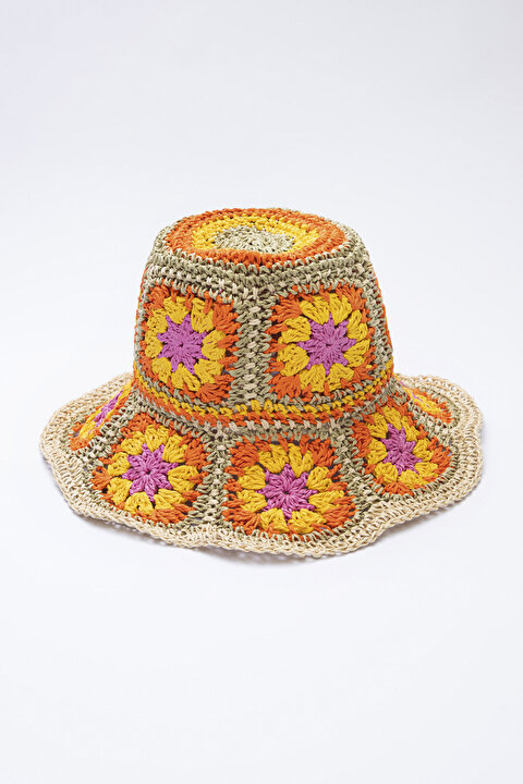 Equal Çiçek Desenli Hasır Şapka PYP1F03M23IY-CLR - Renkli