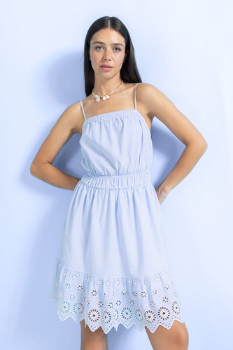 Mavi Kadın Kare Yaka Çizgili Mini Askılı Elbise 2840118