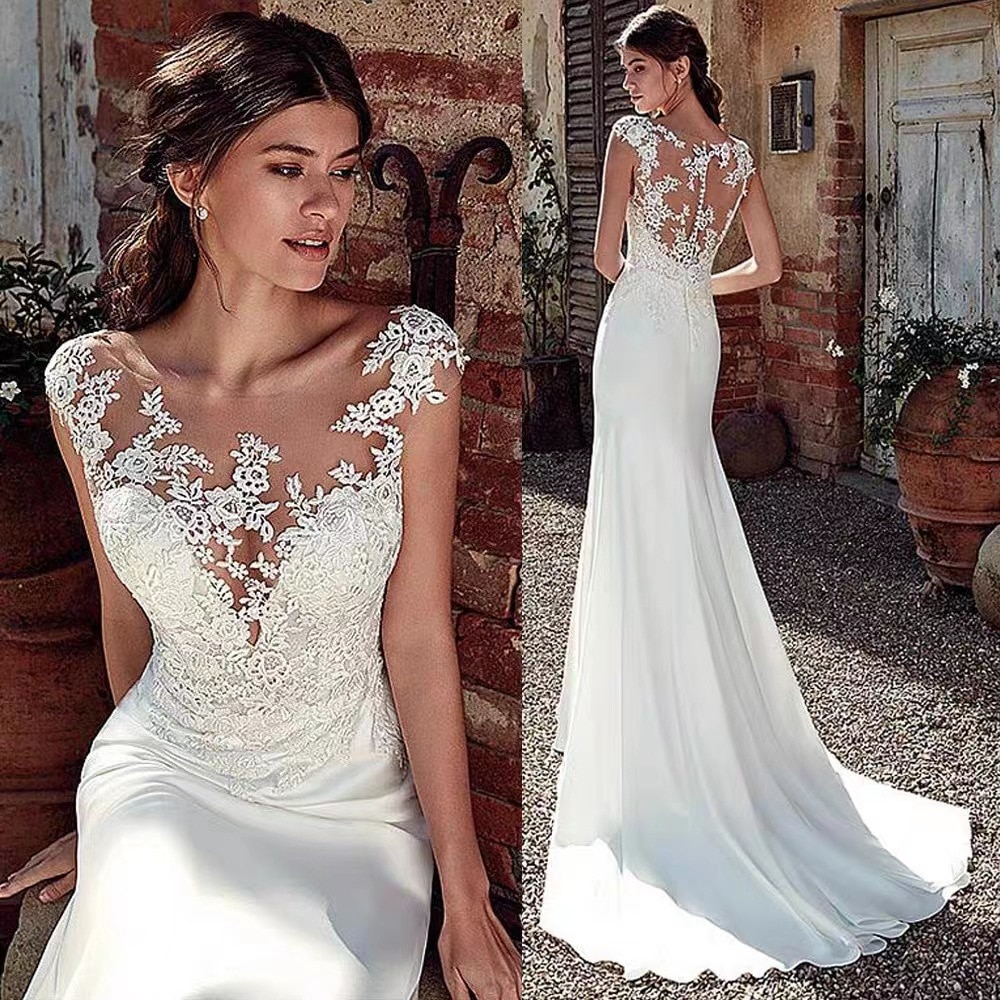 Summer Mermaid Wedding Dress - Sleeveless Court Train Bridal Gown With Lace Appliques
