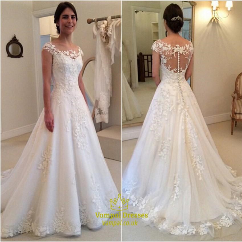 White A-Line Cap Sleeve Lace Applique Wedding Dress With Illusion Back