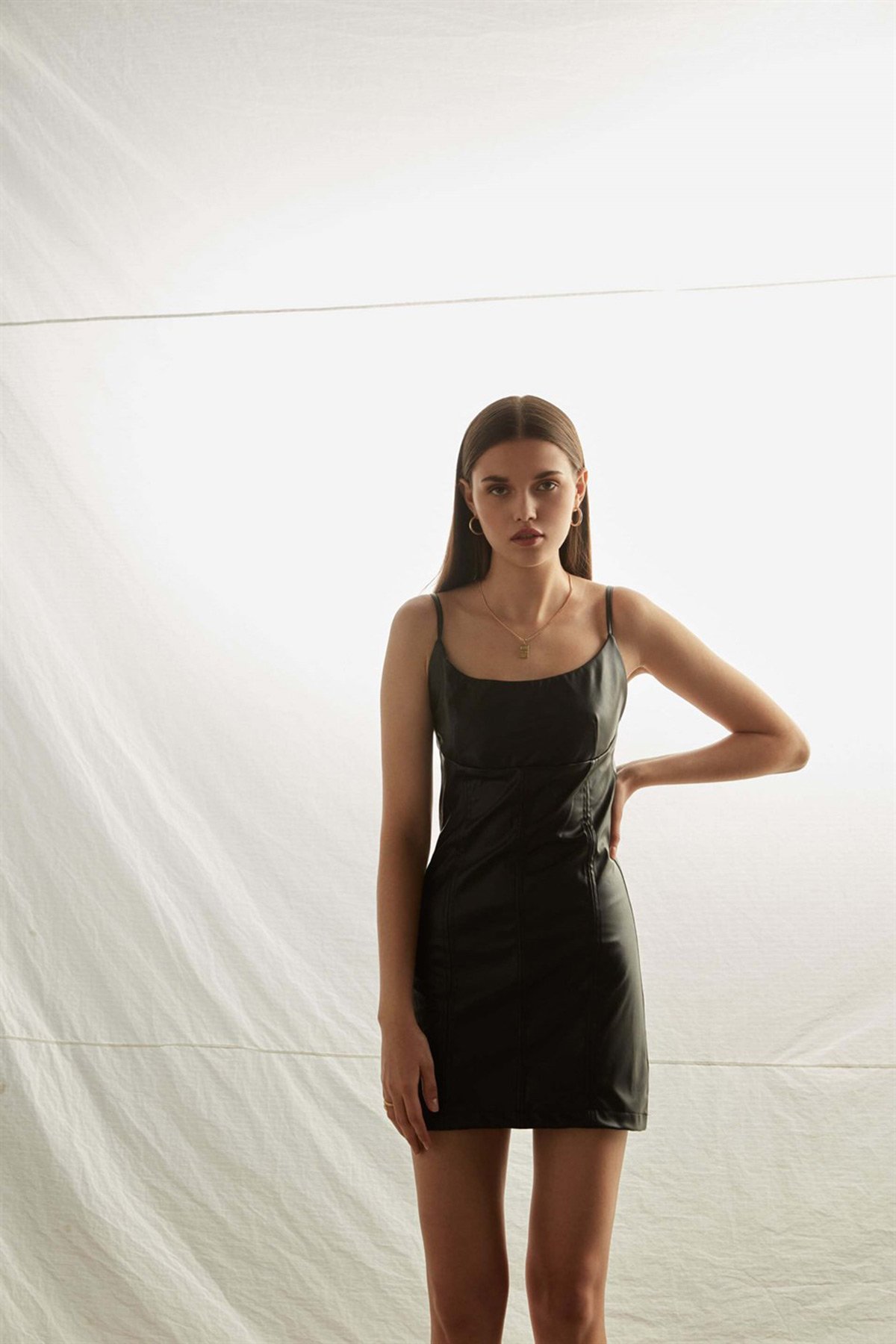 Strap Leather Mini Dress Black