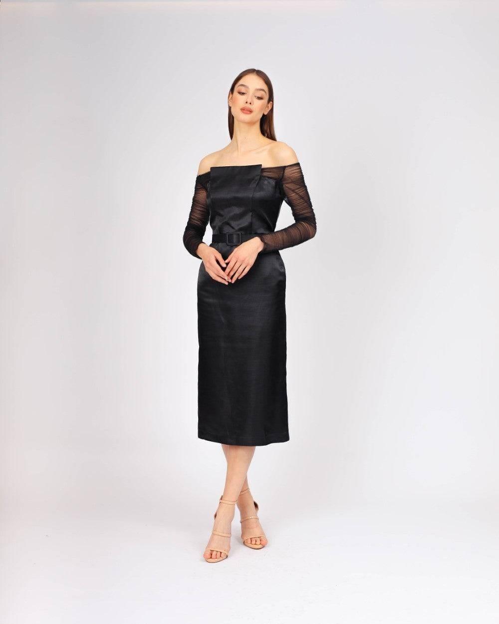 Transparan Kol Detaylı Saten Midi Abiye Elbise -