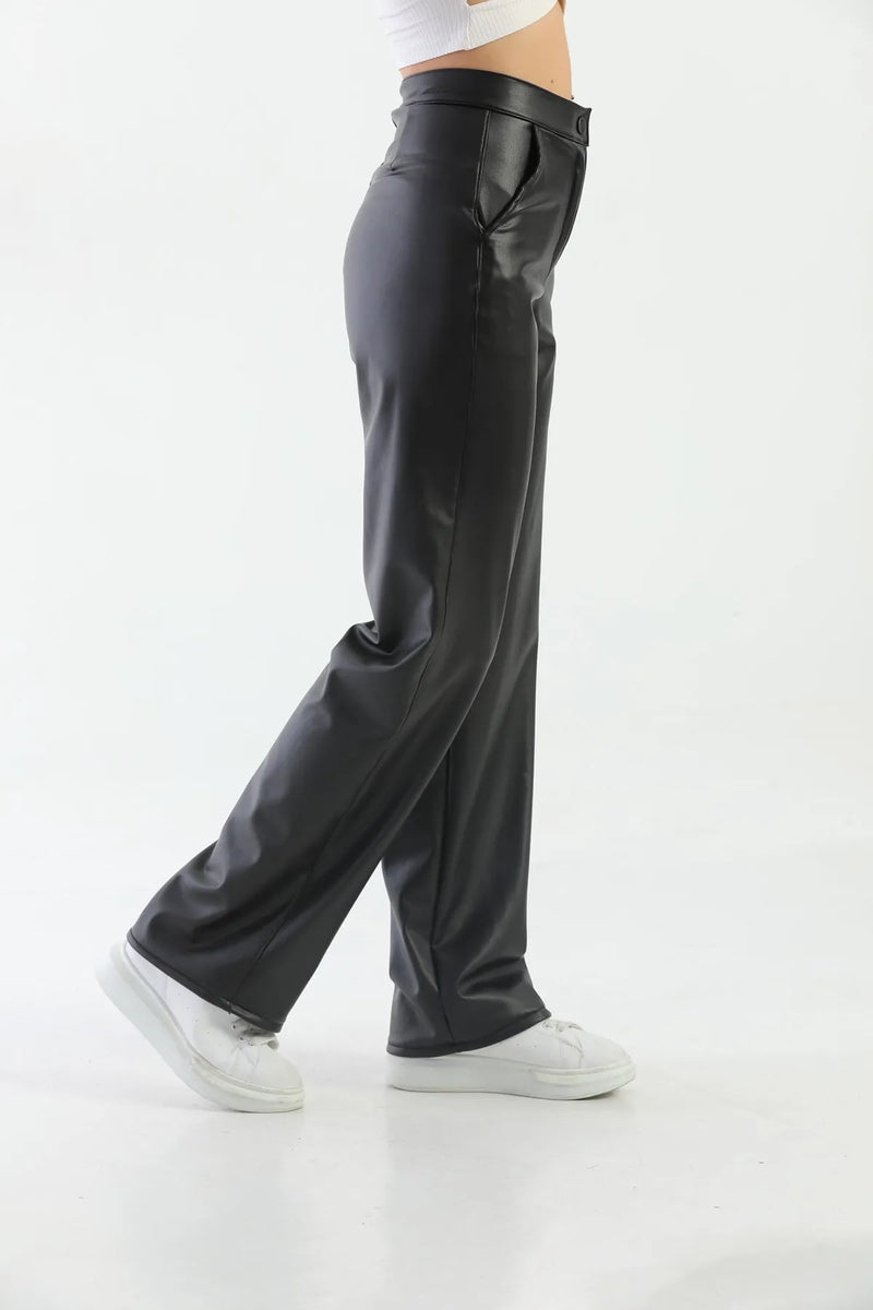 Luxe Aura™ Kadın Deri Yüksek Bel Geniş Paça Içi Astarlı Pantolon