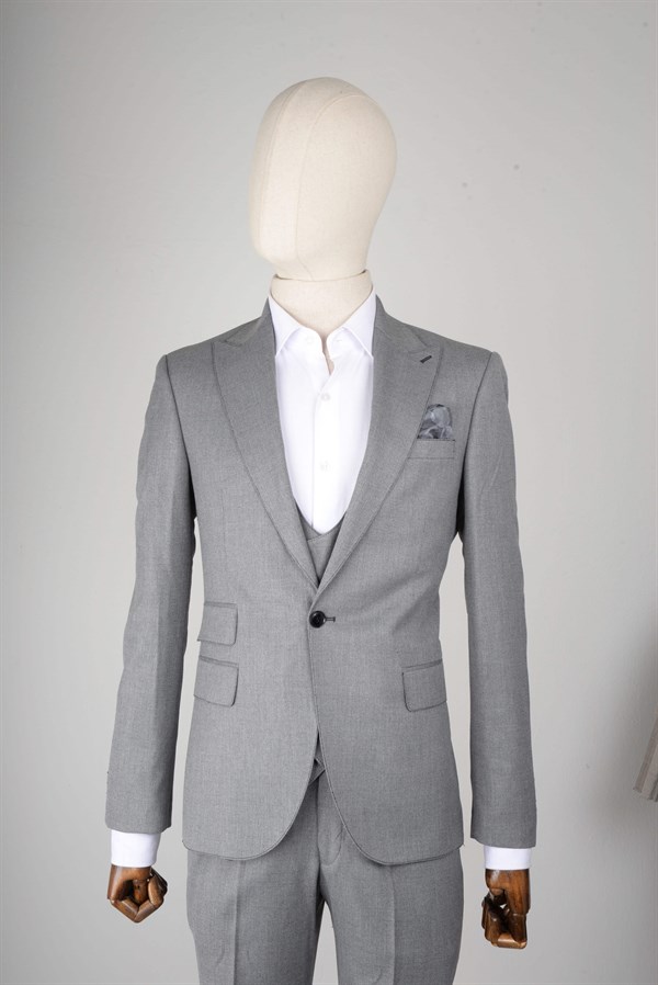 Maserto Slim Fit Gray 3 pcs Suit Self-Patterned