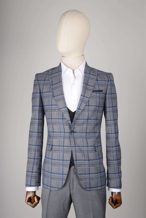 Maserto Slim Fit Gray 3 pcs Suit Plaid Patterned