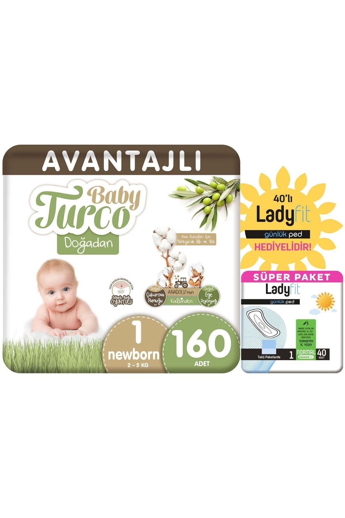 Baby Turco Doğadan Avantajlı Paket Bebek Bezi 1 Numara Yenidoğan 160 Adet + Günlük Ped ,