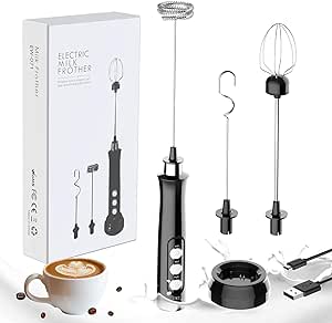 GeeRic Süt Köpürtücü, 3ü 1 Arada İçecek Mikseri, USB Şarj İstasyonu, 3 Paslanmaz Çelik Çırpıcı, Kahve, Süt ve Yiyecek Mutfak için, Siyah : Mutfak